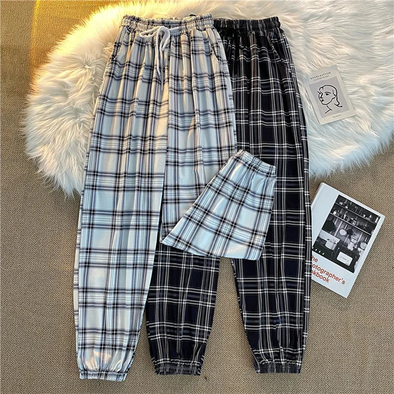 Pants Women New Bunch of feet Fashion Loose Black Plaid Summer Harajuku Students Streetwear Harem Long Trousers Womens Chic