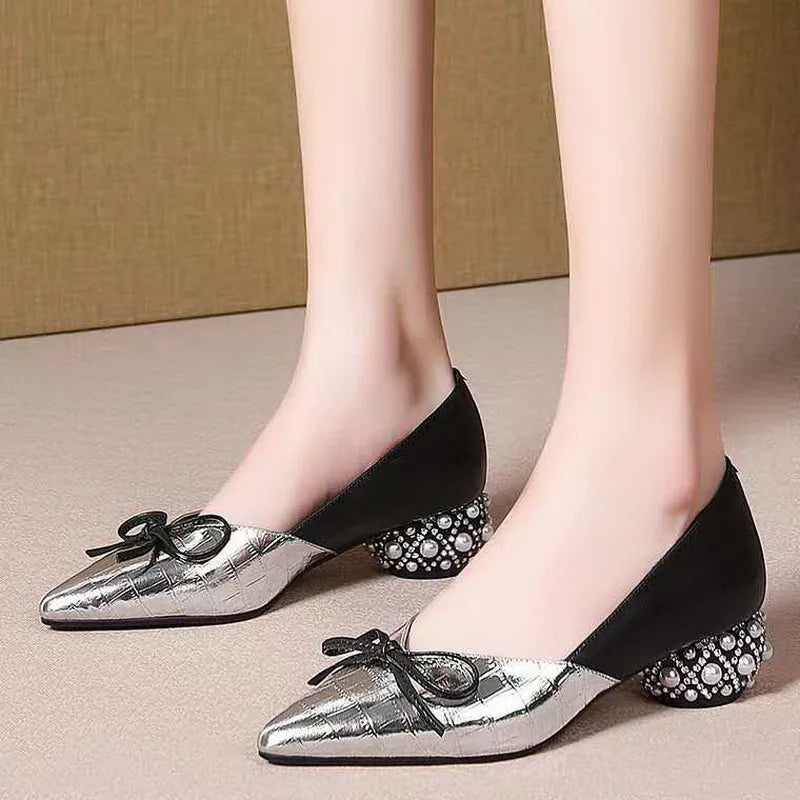 Thick Heel Single Shoes Woman MID Heels Women 2020 Autumn  Work Shoe Female Footware Soft Leather Bowtie Pointed Toes SILVER