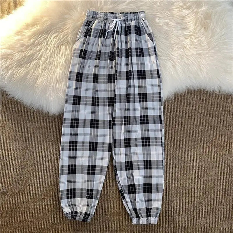 Pants Women New Bunch of feet Fashion Loose Black Plaid Summer Harajuku Students Streetwear Harem Long Trousers Womens Chic