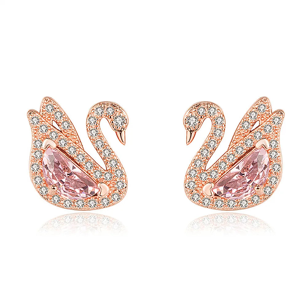 Chic Elegant Swan Pink Crystal Zircon Diamonds Gemstones Stud Earrings for Women Girl White Gold Color Fashion Jewelry Gifts