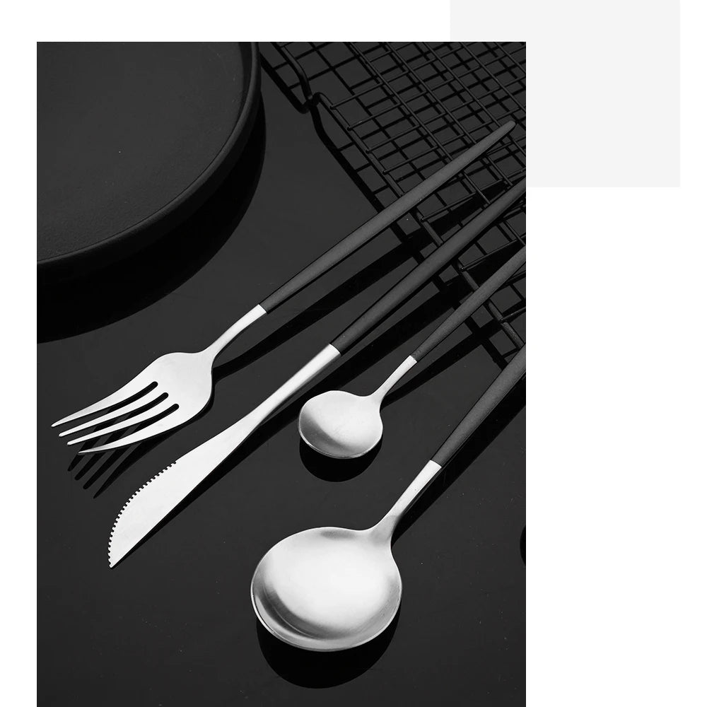 Matte Black Silver Cutlery Set Kitchen Tableware Restaurant Western Dinnerware Knife Dessert Fork Coffee Spoon Teaspoon Flatware