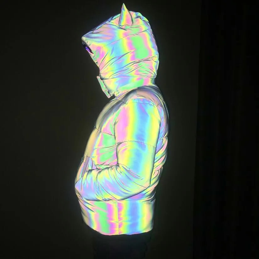 Winter Women Rainbow Reflective Horn Hooded Parkas Down Bubble Coat Puffer Jacket Bling Luminous Cute Hooded Down Jacket Outcoat