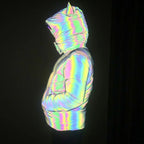 Winter Women Rainbow Reflective Horn Hooded Parkas Down Bubble Coat Puffer Jacket Bling Luminous Cute Hooded Down Jacket Outcoat