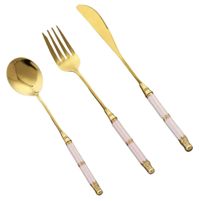 Kitchen Gold-plated Cutlery Set Dessert Forks Knives Spoons Set Elegant Design Ceramic Dinnerware For Home Restaurant Canteen