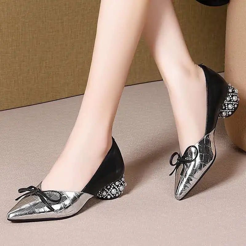 Thick Heel Single Shoes Woman MID Heels Women 2020 Autumn  Work Shoe Female Footware Soft Leather Bowtie Pointed Toes SILVER
