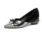 Thick Heel Single Shoes Woman MID Heels Women 2020 Autumn  Work Shoe Female Footware Soft Leather Bowtie Pointed Toes SILVER
