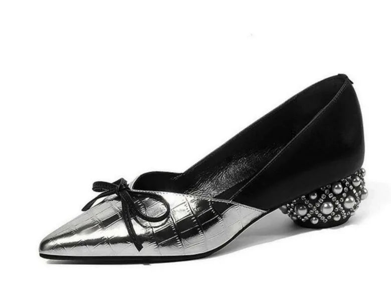 Thick Heel Single Shoes Woman MID Heels Women 2020 Autumn  Work Shoe Female Footware Soft Leather Bowtie Pointed Toes SILVER