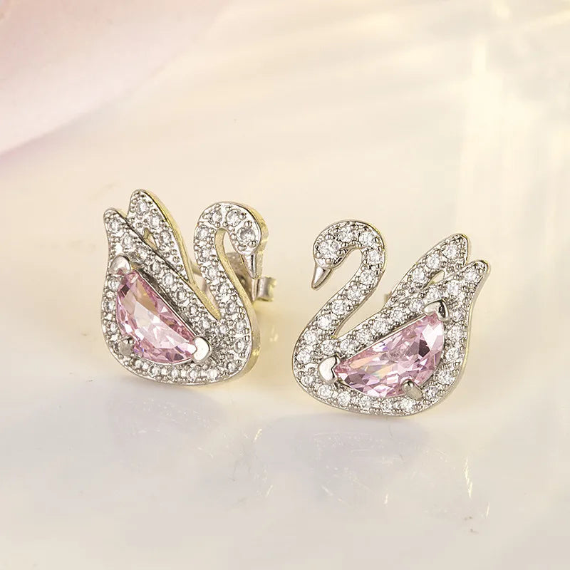 Chic Elegant Swan Pink Crystal Zircon Diamonds Gemstones Stud Earrings for Women Girl White Gold Color Fashion Jewelry Gifts