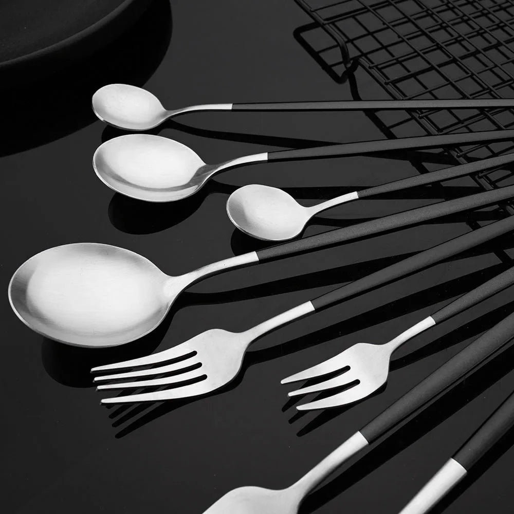 Matte Black Silver Cutlery Set Kitchen Tableware Restaurant Western Dinnerware Knife Dessert Fork Coffee Spoon Teaspoon Flatware