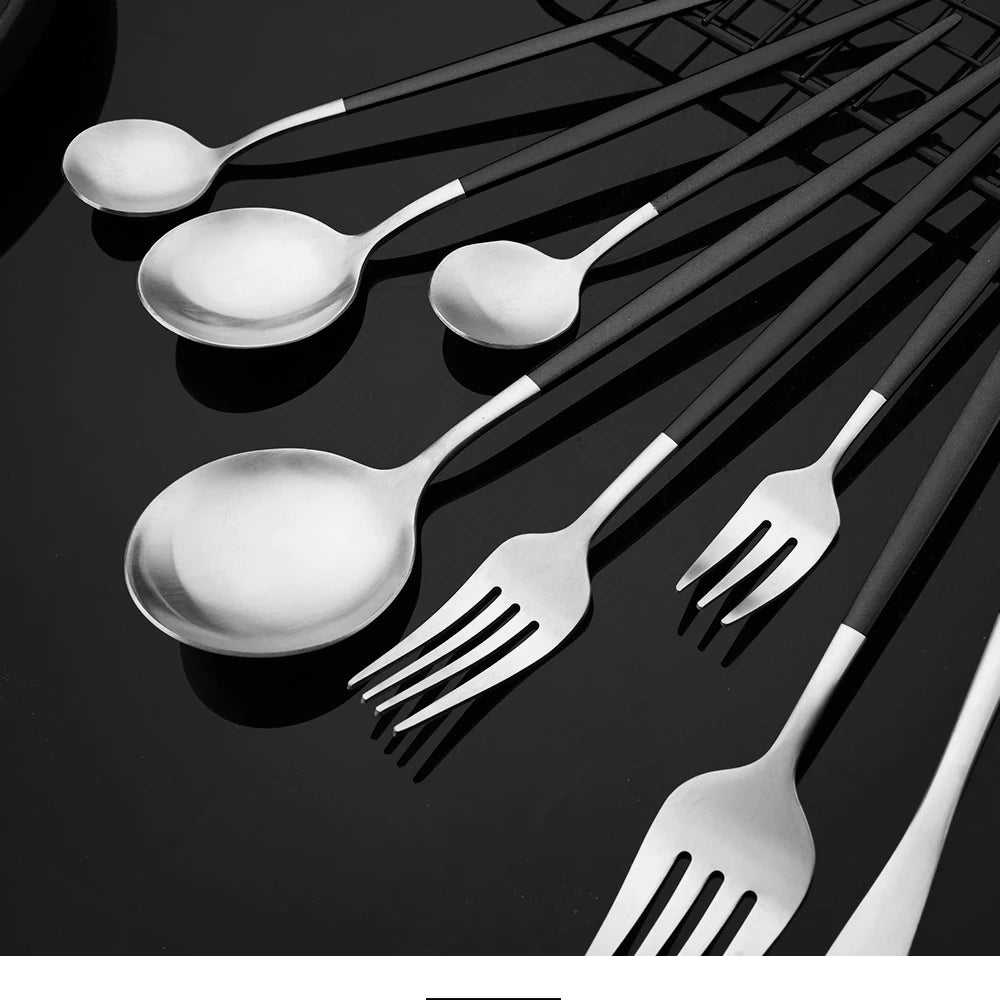 Matte Black Silver Cutlery Set Kitchen Tableware Restaurant Western Dinnerware Knife Dessert Fork Coffee Spoon Teaspoon Flatware