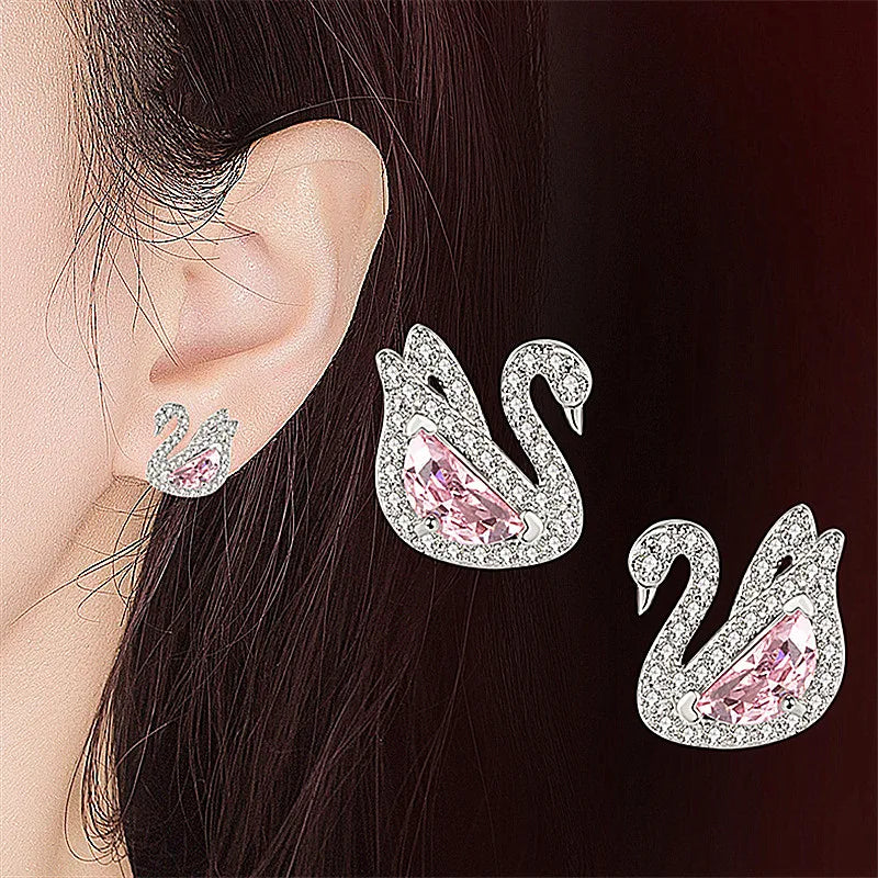 Chic Elegant Swan Pink Crystal Zircon Diamonds Gemstones Stud Earrings for Women Girl White Gold Color Fashion Jewelry Gifts