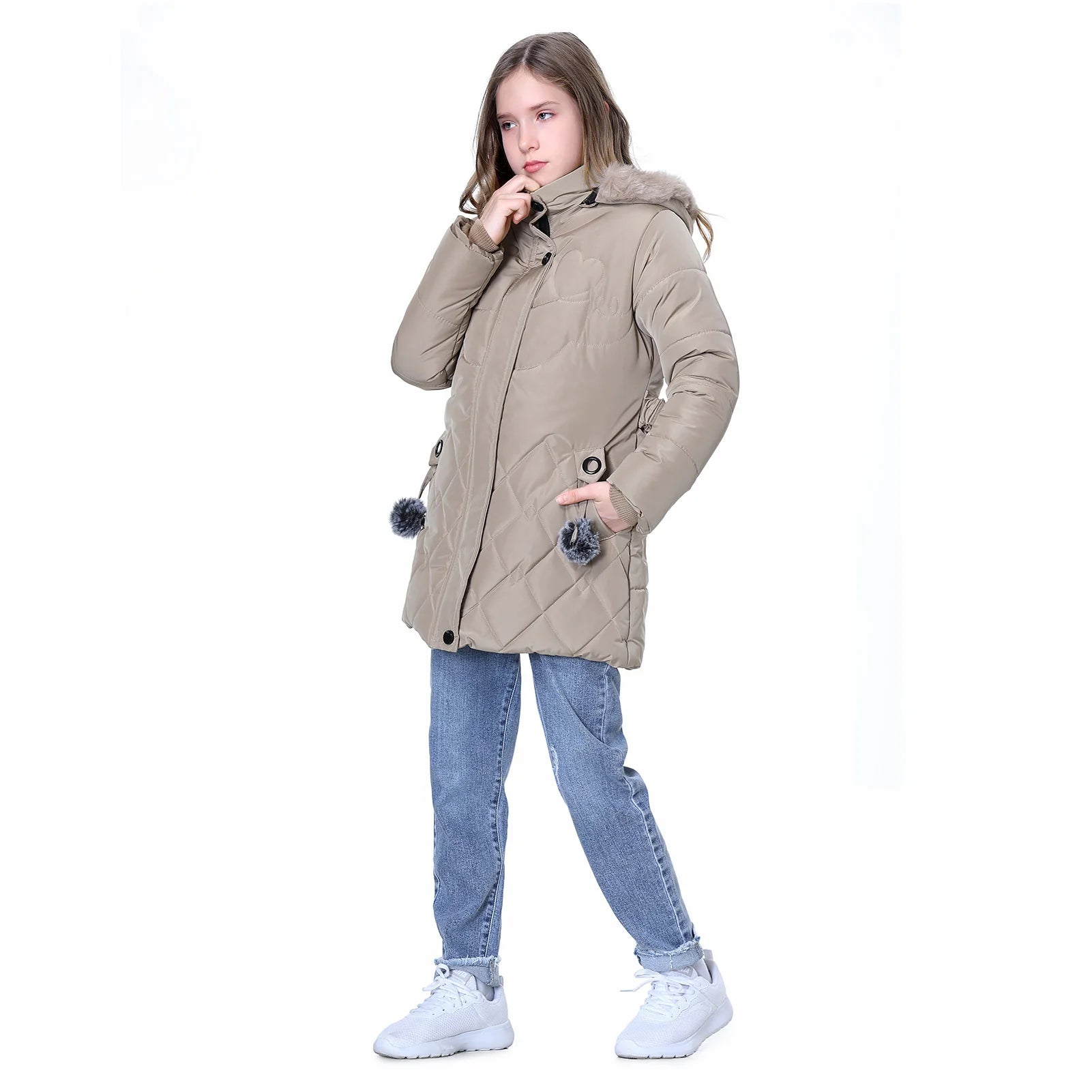 Winter Girls Jacket,Warm Thick Cotton Coat,Fashion Fur Hooded Children's Outerwear,Hairballs Zipper Elastic Waistband Coats