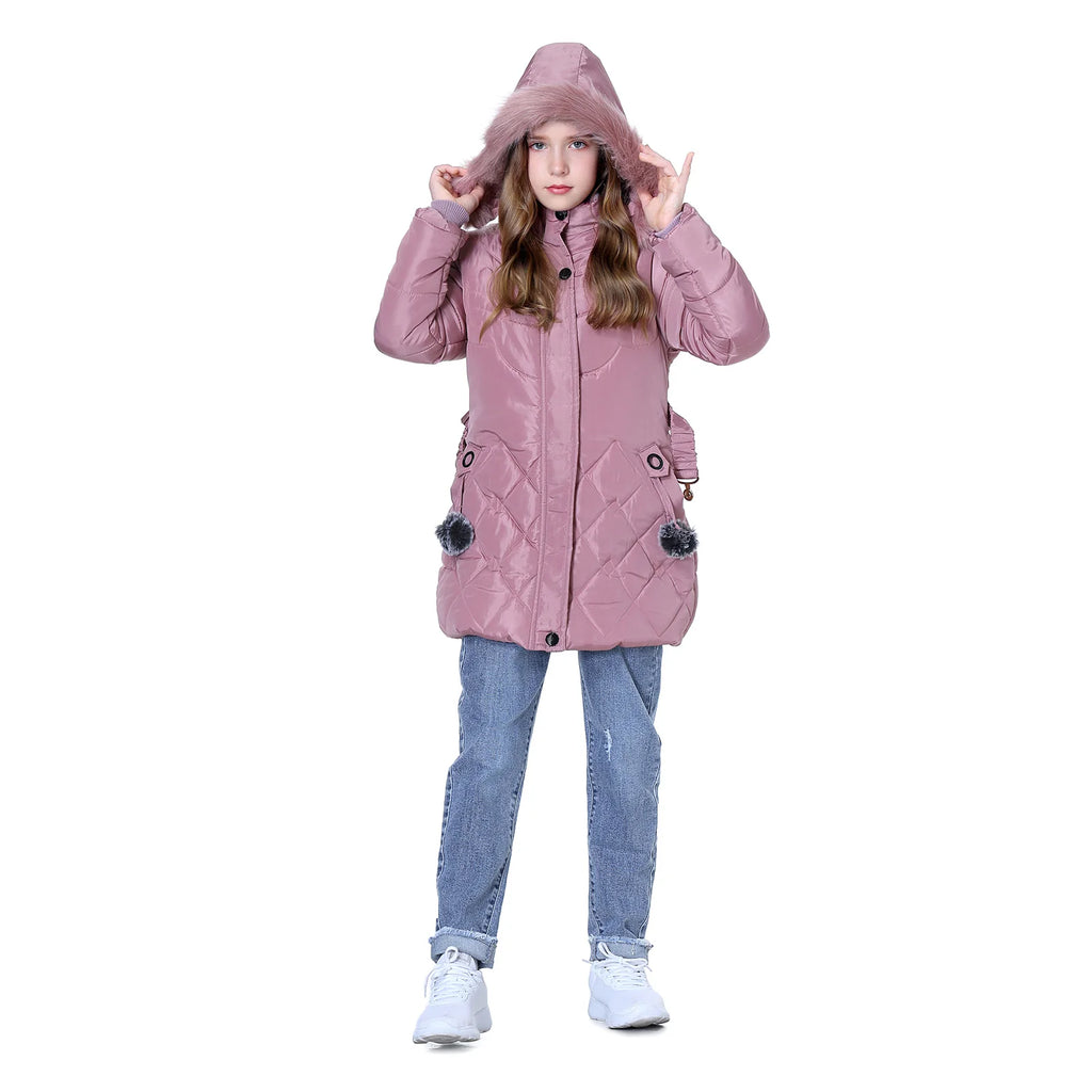 Winter Girls Jacket,Warm Thick Cotton Coat,Fashion Fur Hooded Children's Outerwear,Hairballs Zipper Elastic Waistband Coats