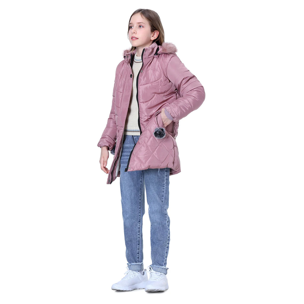 Winter Girls Jacket,Warm Thick Cotton Coat,Fashion Fur Hooded Children's Outerwear,Hairballs Zipper Elastic Waistband Coats