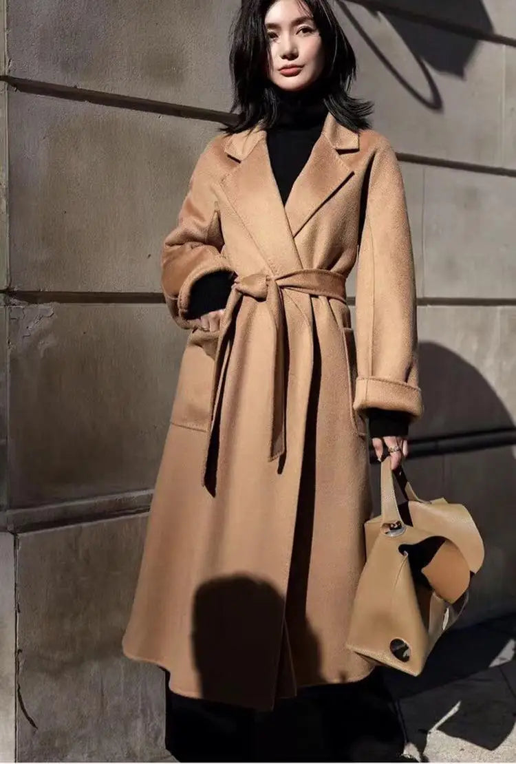 Winter Korean Popular High-end Water Corrugated Woolen Overcoat 2023 Fashion Long Bathrobe Style 100% Wool Jacket Coat Women