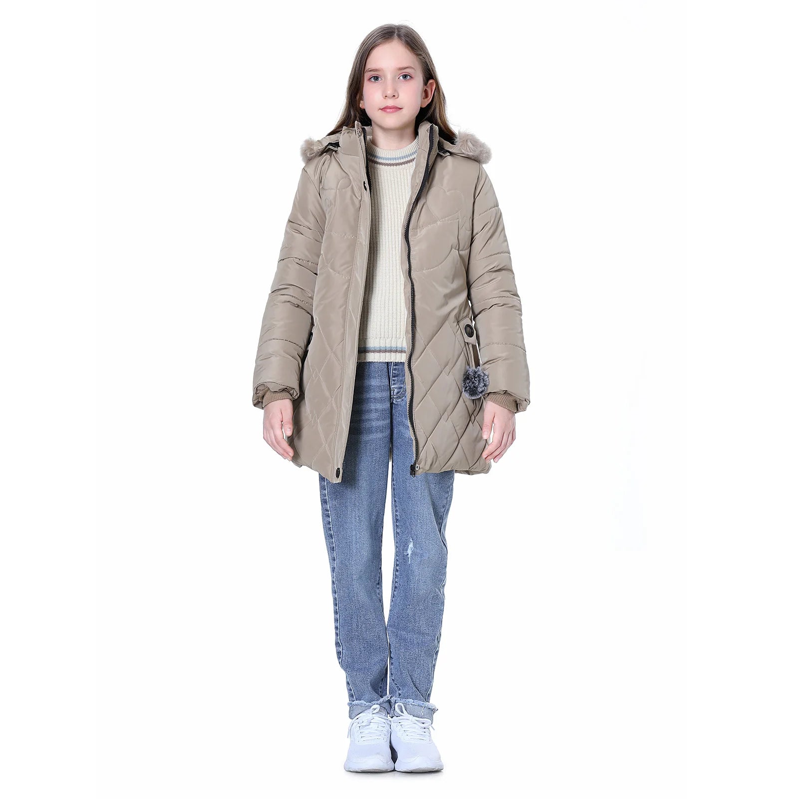 Winter Girls Jacket,Warm Thick Cotton Coat,Fashion Fur Hooded Children's Outerwear,Hairballs Zipper Elastic Waistband Coats