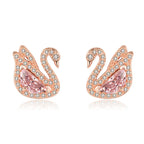 Chic Elegant Swan Pink Crystal Zircon Diamonds Gemstones Stud Earrings for Women Girl White Gold Color Fashion Jewelry Gifts