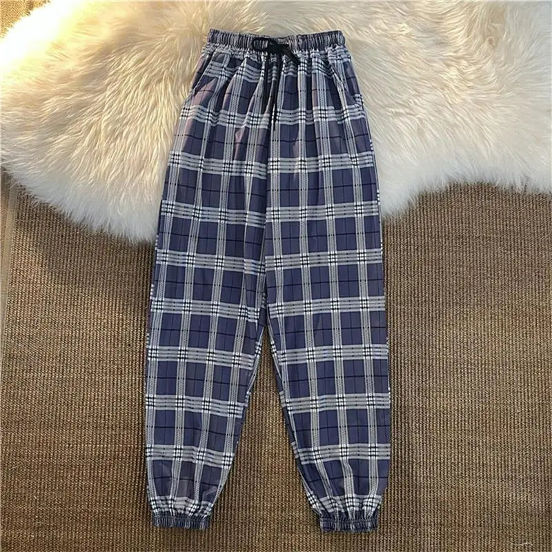 Pants Women New Bunch of feet Fashion Loose Black Plaid Summer Harajuku Students Streetwear Harem Long Trousers Womens Chic