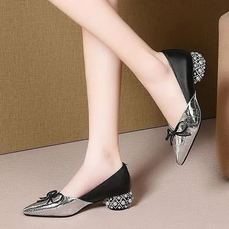 Thick Heel Single Shoes Woman MID Heels Women 2020 Autumn  Work Shoe Female Footware Soft Leather Bowtie Pointed Toes SILVER