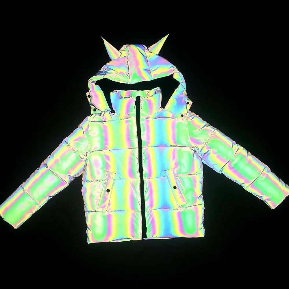 Winter Women Rainbow Reflective Horn Hooded Parkas Down Bubble Coat Puffer Jacket Bling Luminous Cute Hooded Down Jacket Outcoat
