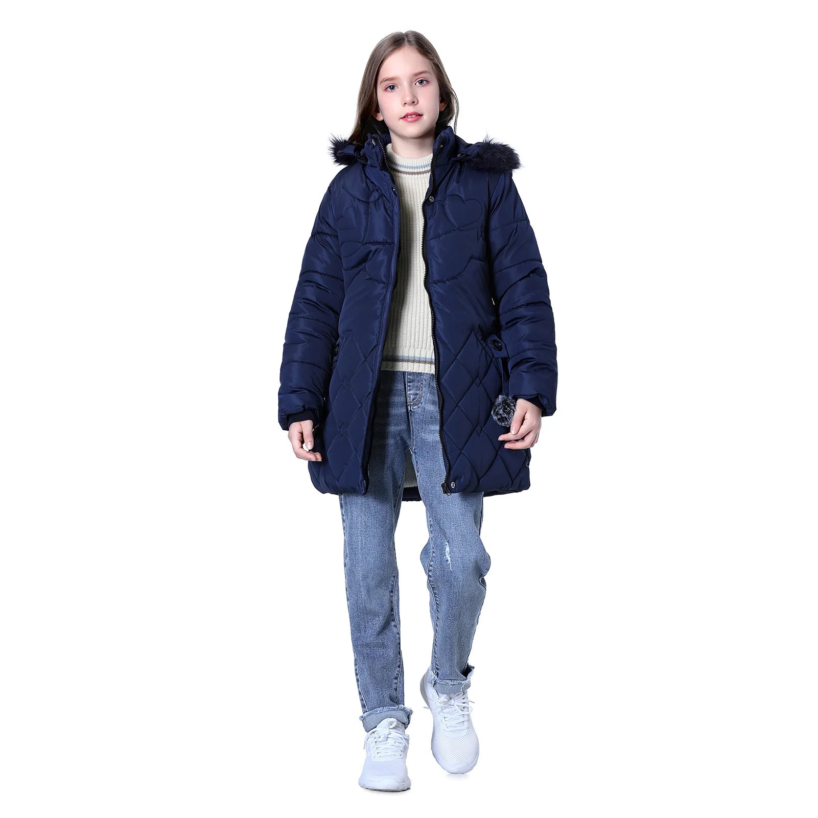 Winter Girls Jacket,Warm Thick Cotton Coat,Fashion Fur Hooded Children's Outerwear,Hairballs Zipper Elastic Waistband Coats