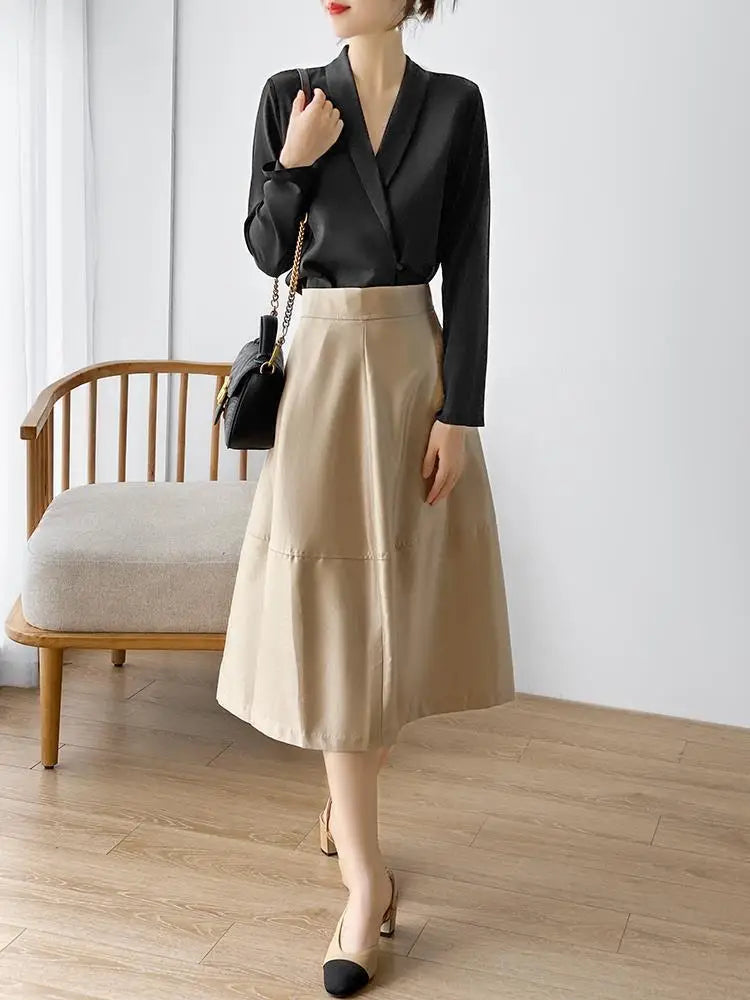 Women's Tunic V Neck Solid Color Elegant Blouses Spring Autumn Office Lady Silk Satin Solid Black White Long Sleeve Shirt Women