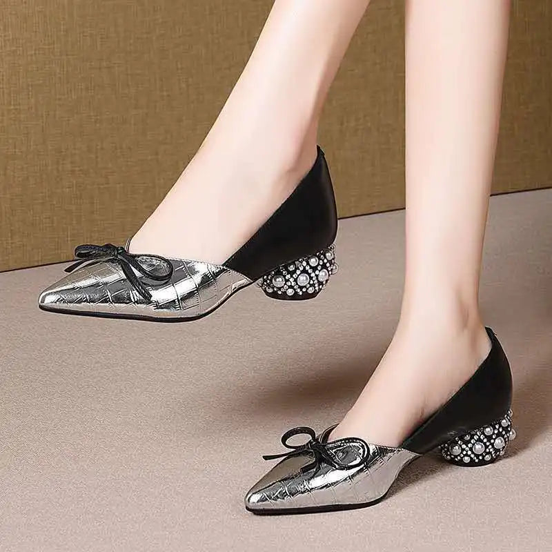 Thick Heel Single Shoes Woman MID Heels Women 2020 Autumn  Work Shoe Female Footware Soft Leather Bowtie Pointed Toes SILVER