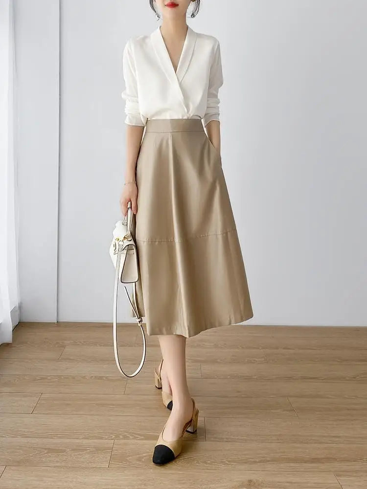 Women's Tunic V Neck Solid Color Elegant Blouses Spring Autumn Office Lady Silk Satin Solid Black White Long Sleeve Shirt Women