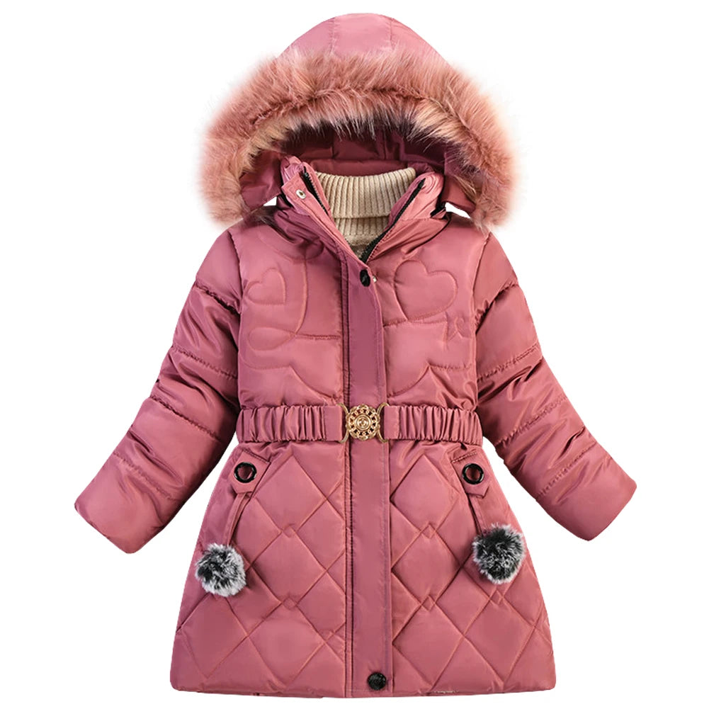 Winter Girls Jacket,Warm Thick Cotton Coat,Fashion Fur Hooded Children's Outerwear,Hairballs Zipper Elastic Waistband Coats