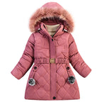 Winter Girls Jacket,Warm Thick Cotton Coat,Fashion Fur Hooded Children's Outerwear,Hairballs Zipper Elastic Waistband Coats
