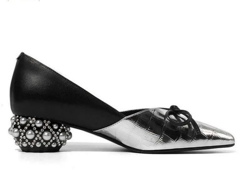 Thick Heel Single Shoes Woman MID Heels Women 2020 Autumn  Work Shoe Female Footware Soft Leather Bowtie Pointed Toes SILVER