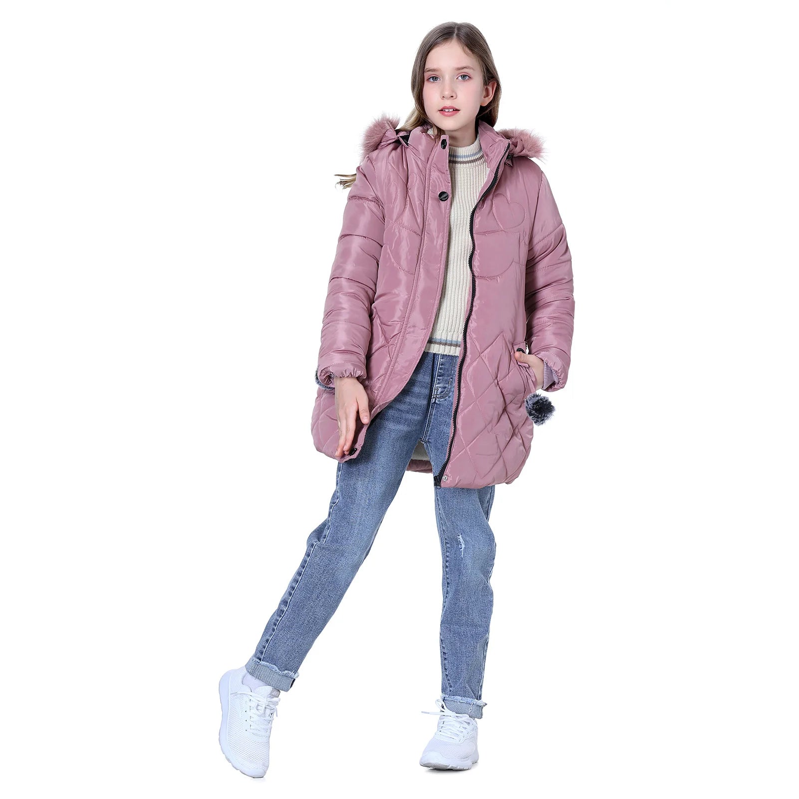 Winter Girls Jacket,Warm Thick Cotton Coat,Fashion Fur Hooded Children's Outerwear,Hairballs Zipper Elastic Waistband Coats