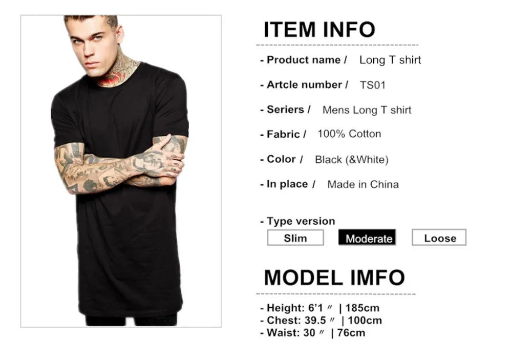 2025 Brand New Clothing Mens Black Mens Long T shirt Tops Hip Hop Man T-shirt Short Sleeve Casual Men Tee shirts For Male