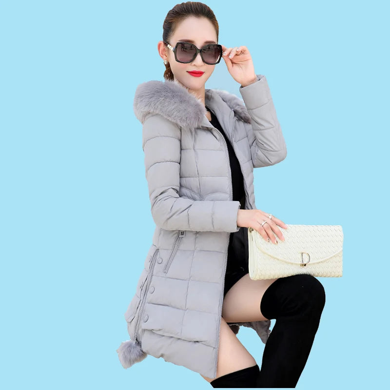 Winter Jacket Women 2025 winter coat pure color casual Fur Collar Hooded long hooded cotton lady jacket