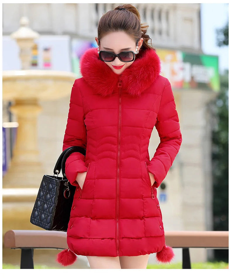 Winter Jacket Women 2025 winter coat pure color casual Fur Collar Hooded long hooded cotton lady jacket