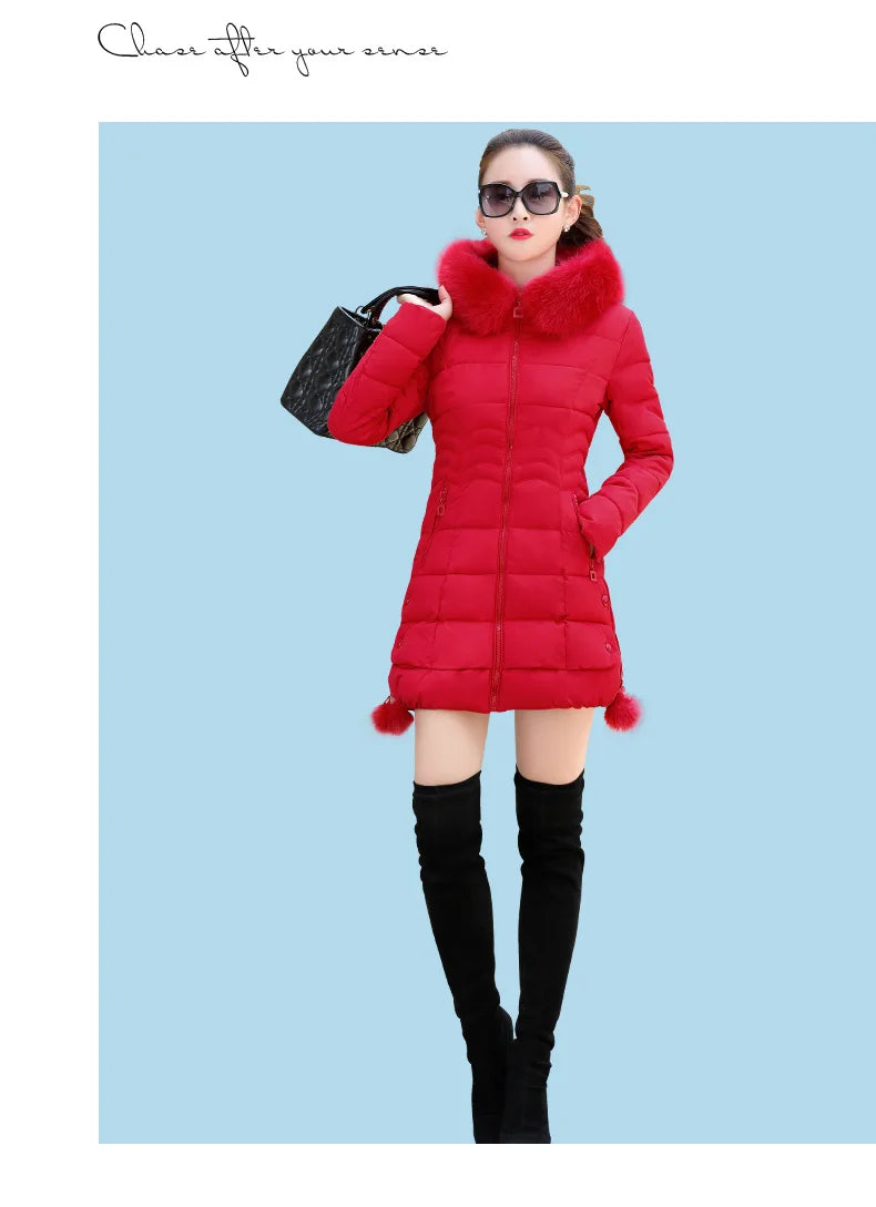 Winter Jacket Women 2025 winter coat pure color casual Fur Collar Hooded long hooded cotton lady jacket