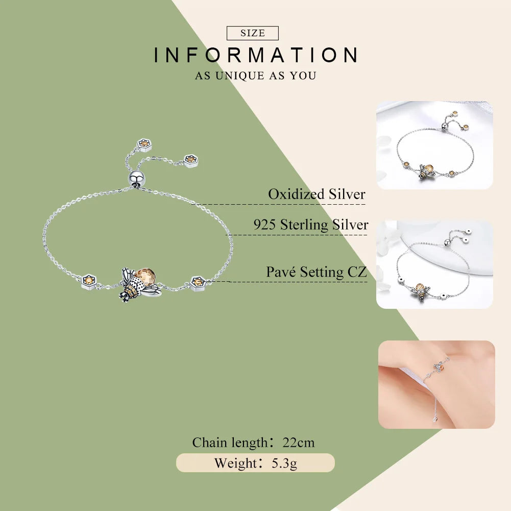 BAMOER Genuine 100% 925 Sterling Silver Dancing Honey Bee Chain Link Women Bracelet Crystal Big Stone Bracelet Jewelry SCB043