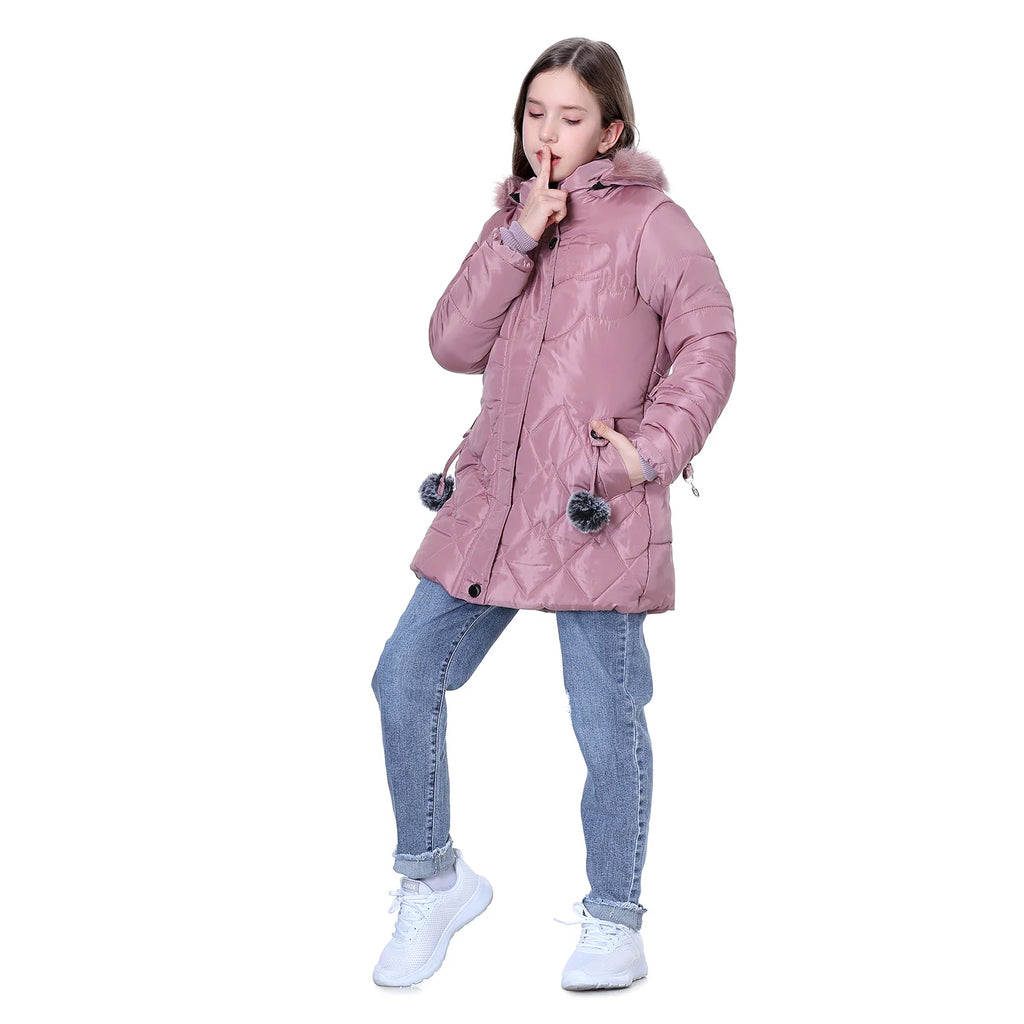 Winter Girls Jacket,Warm Thick Cotton Coat,Fashion Fur Hooded Children's Outerwear,Hairballs Zipper Elastic Waistband Coats