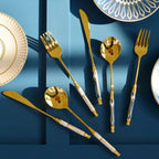 Kitchen Gold-plated Cutlery Set Dessert Forks Knives Spoons Set Elegant Design Ceramic Dinnerware For Home Restaurant Canteen