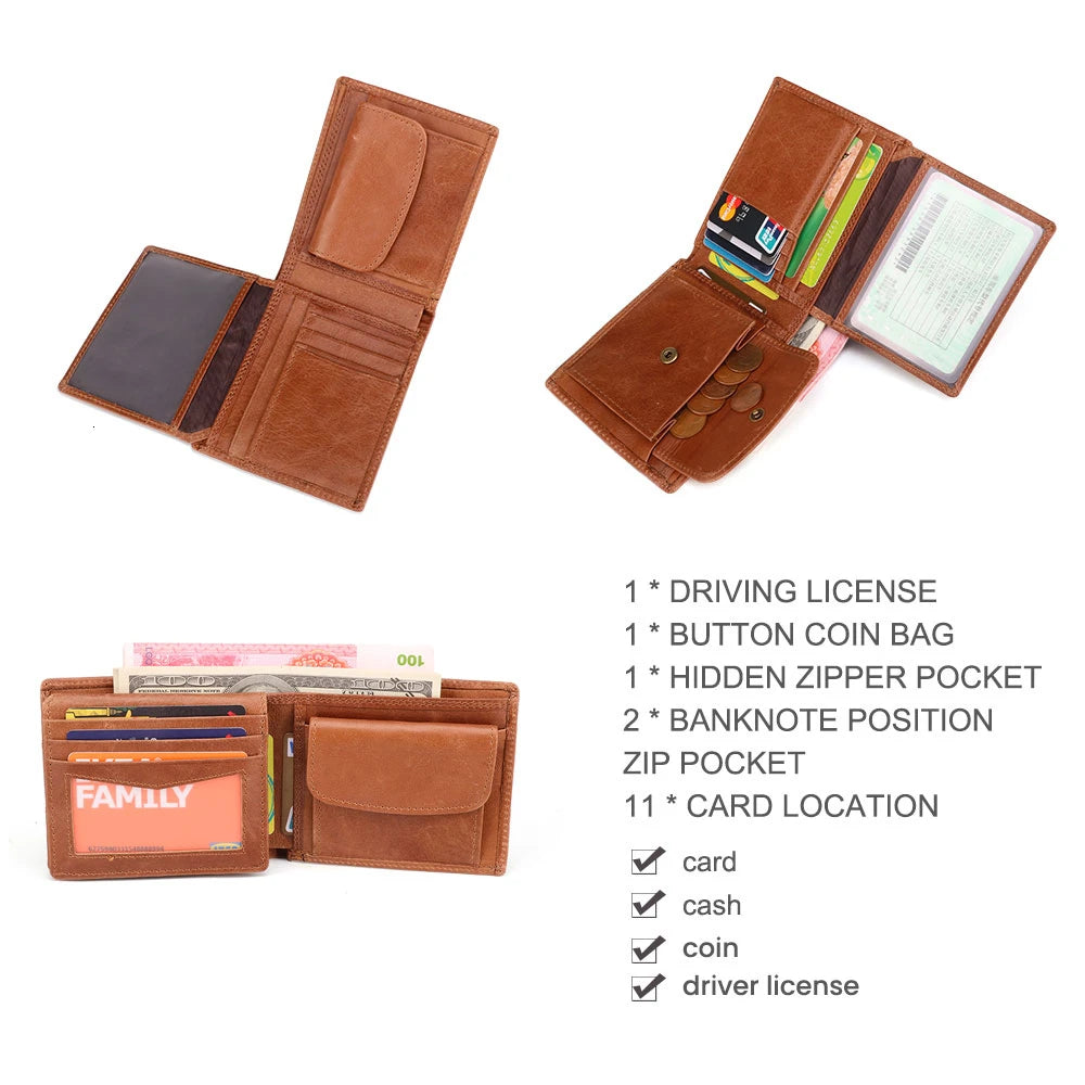 GENODERN Cow Leather Men Wallets with Coin Pocket Vintage Male Purse RFID Blocking Genuine Leather Men Wallet with Card Holders