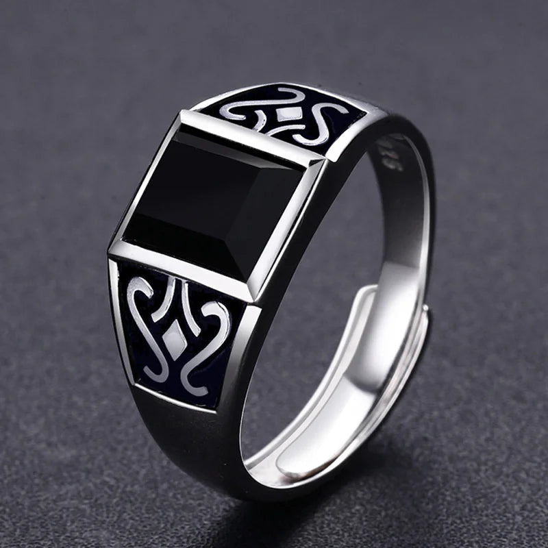 2024 Trendy Men Ring Jewelry Adjustable Finger Accessorie Male Silver 925 Ring Fashion Flower Rectangle Crystal Bijou