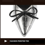 Thick Heel Single Shoes Woman MID Heels Women 2020 Autumn  Work Shoe Female Footware Soft Leather Bowtie Pointed Toes SILVER