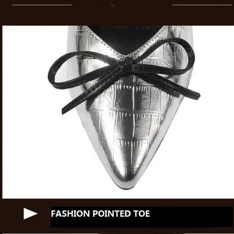 Thick Heel Single Shoes Woman MID Heels Women 2020 Autumn  Work Shoe Female Footware Soft Leather Bowtie Pointed Toes SILVER