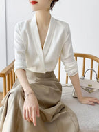 Women's Tunic V Neck Solid Color Elegant Blouses Spring Autumn Office Lady Silk Satin Solid Black White Long Sleeve Shirt Women