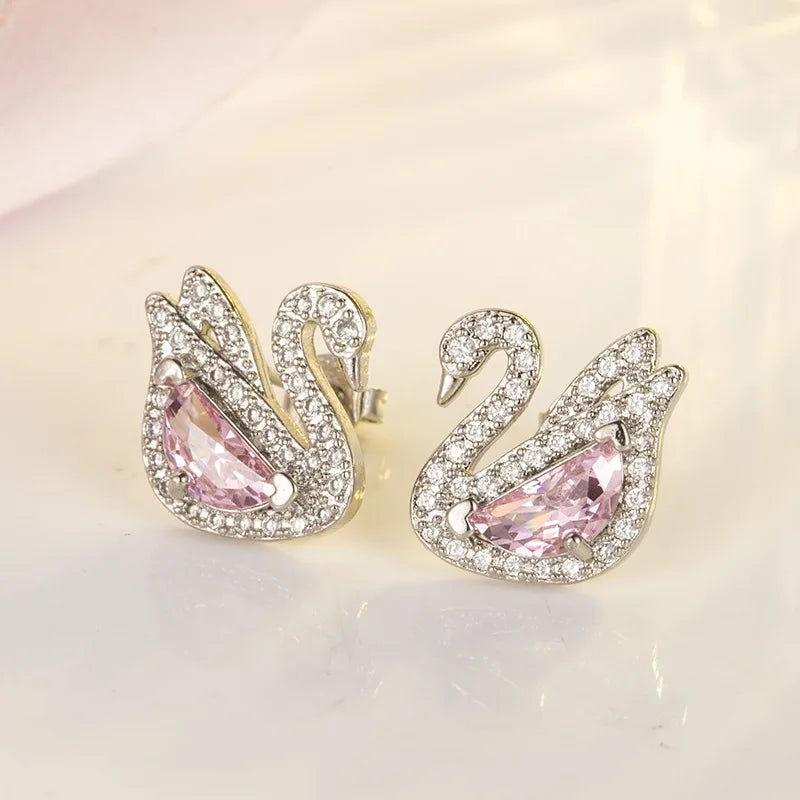 Chic Elegant Swan Pink Crystal Zircon Diamonds Gemstones Stud Earrings for Women Girl White Gold Color Fashion Jewelry Gifts