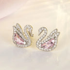 Chic Elegant Swan Pink Crystal Zircon Diamonds Gemstones Stud Earrings for Women Girl White Gold Color Fashion Jewelry Gifts
