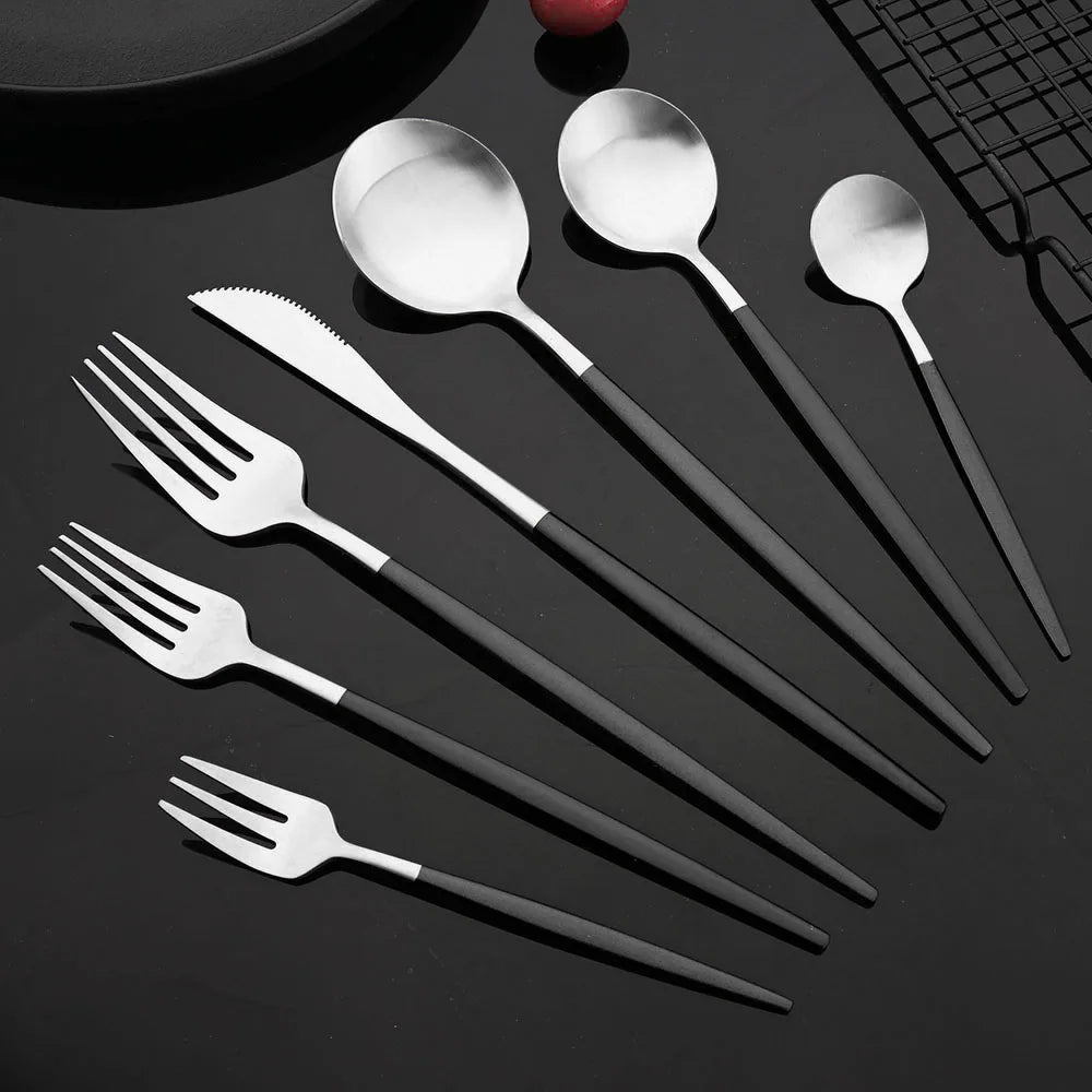 Matte Black Silver Cutlery Set Kitchen Tableware Restaurant Western Dinnerware Knife Dessert Fork Coffee Spoon Teaspoon Flatware