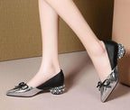 Thick Heel Single Shoes Woman MID Heels Women 2020 Autumn  Work Shoe Female Footware Soft Leather Bowtie Pointed Toes SILVER