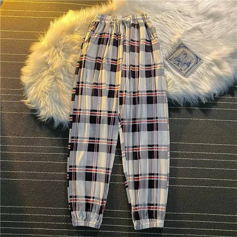 Pants Women New Bunch of feet Fashion Loose Black Plaid Summer Harajuku Students Streetwear Harem Long Trousers Womens Chic