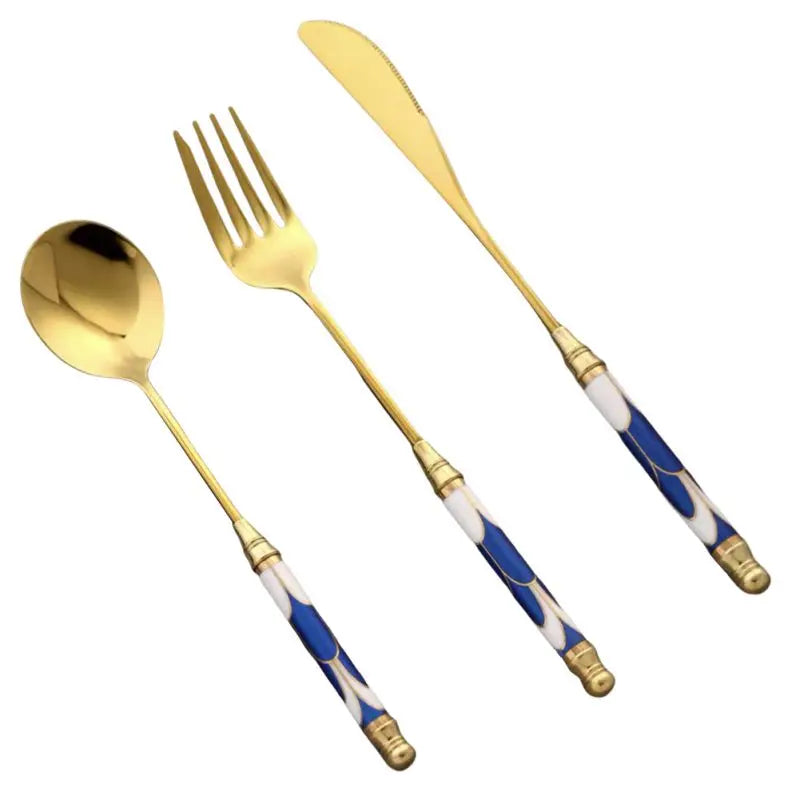 Kitchen Gold-plated Cutlery Set Dessert Forks Knives Spoons Set Elegant Design Ceramic Dinnerware For Home Restaurant Canteen